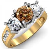 2.00 Carat (ctw) 10K Yellow Gold Round Champagne & White Diamond Ladies 3 Stone Engagement Bridal Ring 2 CT