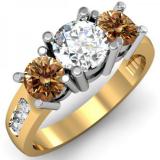 2.00 Carat (ctw) 14K Yellow Gold Round Champagne & White Diamond Ladies 3 Stone Engagement Bridal Ring 2 CT