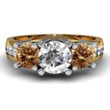 2.00 Carat (ctw) 14K Yellow Gold Round Champagne & White Diamond Ladies 3 Stone Engagement Bridal Ring 2 CT
