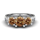 2.00 Carat (ctw) 10K White Gold Round Champagne & White Diamond Ladies 3 Stone Engagement Bridal Ring 2 CT