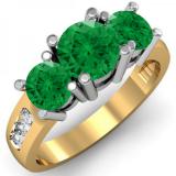 2.00 Carat (ctw) 10K Yellow Gold Round Green Emerald & White Diamond Ladies 3 Stone Engagement Bridal Ring 2 CT