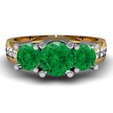 2.00 Carat (ctw) 10K Yellow Gold Round Green Emerald & White Diamond Ladies 3 Stone Engagement Bridal Ring 2 CT
