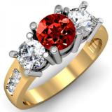 2.00 Carat (ctw) 10K Yellow Gold Round Red Garnet & White Diamond Ladies 3 Stone Engagement Bridal Ring 2 CT