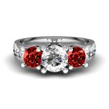 2.00 Carat (ctw) 14K White Gold Round Red Garnet & White Diamond Ladies 3 Stone Engagement Bridal Ring 2 CT