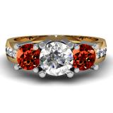 2.00 Carat (ctw) 14K Yellow Gold Round Red Garnet & White Diamond Ladies 3 Stone Engagement Bridal Ring 2 CT
