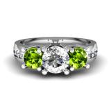 2.00 Carat (ctw) 14K White Gold Round Green Peridot & White Diamond Ladies 3 Stone Engagement Bridal Ring 2 CT