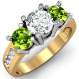 2.00 Carat (ctw) 14K Yellow Gold Round Green Peridot & White Diamond Ladies 3 Stone Engagement Bridal Ring 2 CT