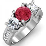 2.00 Carat (ctw) 10K White Gold Round Red Ruby & White Diamond Ladies 3 Stone Engagement Bridal Ring 2 CT