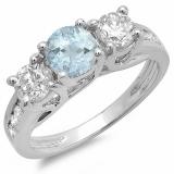 2.00 Carat (ctw) 14K White Gold Round Cut Aquamarine & Diamond Ladies 3 Stone Engagement Bridal Ring 2 CT