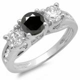 2.00 Carat (ctw) 10K White Gold Round Black & White Diamond Ladies 3 Stone Engagement Bridal Ring 2 CT