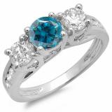 2.00 Carat (ctw) 14K White Gold Round Blue & White Diamond Ladies 3 Stone Engagement Bridal Ring 2 CT