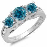 1.75 Carat (ctw) 14K White Gold Round Blue & White Diamond Ladies 3 Stone Engagement Bridal Ring