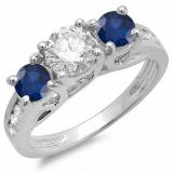 2.00 Carat (ctw) 14K White Gold Round Blue Sapphire & White Diamond Ladies 3 Stone Engagement Bridal Ring 2 CT