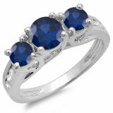 2.00 Carat (ctw) 14K White Gold Round Blue Sapphire & White Diamond Ladies 3 Stone Engagement Bridal Ring 2 CT