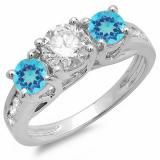 2.00 Carat (ctw) 14K White Gold Round Blue Topaz & White Diamond Ladies 3 Stone Engagement Bridal Ring 2 CT