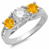 2.00 Carat (ctw) 18K White Gold Round Yellow Citrine & White Diamond Ladies 3 Stone Engagement Bridal Ring 2 CT