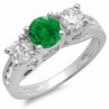 2.00 Carat (ctw) 14K White Gold Round Cut Green Emerald & White Diamond Ladies Bridal 3 Stone Engagement Ring 2 CT