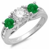 2.00 Carat (ctw) 14K White Gold Round Cut Green Emerald & White Diamond Ladies Bridal 3 Stone Engagement Ring 2 CT