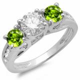 2.00 Carat (ctw) 14K White Gold Round Cut Green Peridot & White Diamond Ladies Bridal 3 Stone Engagement Ring 2 CT