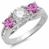 2.00 Carat (ctw) 10K White Gold Round Cut Pink Sapphire & White Diamond Ladies Bridal 3 Stone Engagement Ring 2 CT