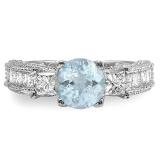 3.15 Carat (ctw) 18k White Gold Round Blue Aquamarine & Princess White Diamond Ladies 3 Stone Engagement Bridal Ring