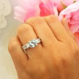 3.15 Carat (ctw) 18k White Gold Round Blue Aquamarine & Princess White Diamond Ladies 3 Stone Engagement Bridal Ring
