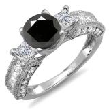 3.15 Carat (ctw) 14k White Gold Round Black & Princess White Diamond Ladies 3 Stone Engagement Bridal Ring
