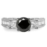 3.15 Carat (ctw) 14k White Gold Round Black & Princess White Diamond Ladies 3 Stone Engagement Bridal Ring
