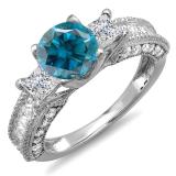 3.15 Carat (ctw) 14k White Gold Round Blue & Princess White Diamond Ladies 3 Stone Engagement Bridal Ring