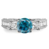 3.15 Carat (ctw) 14k White Gold Round Blue & Princess White Diamond Ladies 3 Stone Engagement Bridal Ring