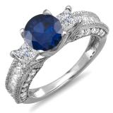 3.15 Carat (ctw) 10k White Gold Round Blue Sapphire & Princess White Diamond Ladies 3 Stone Engagement Bridal Ring