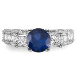 3.15 Carat (ctw) 14k White Gold Round Blue Sapphire & Princess White Diamond Ladies 3 Stone Engagement Bridal Ring