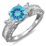 3.15 Carat (ctw) 14k White Gold Round Blue Topaz & Princess White Diamond Ladies 3 Stone Engagement Bridal Ring