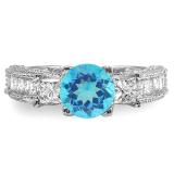 3.15 Carat (ctw) 14k White Gold Round Blue Topaz & Princess White Diamond Ladies 3 Stone Engagement Bridal Ring
