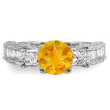 3.15 Carat (ctw) 14k White Gold Round Yellow Citrine & Princess White Diamond Ladies 3 Stone Engagement Bridal Ring