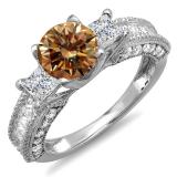3.15 Carat (ctw) 10k White Gold Round Champagne & Princess White Diamond Ladies 3 Stone Engagement Bridal Ring