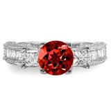 3.15 Carat (ctw) 14k White Gold Round Red Garnet & Princess White Diamond Ladies 3 Stone Engagement Bridal Ring
