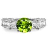 3.15 Carat (ctw) 18k White Gold Round Green Peridot & Princess White Diamond Ladies 3 Stone Engagement Bridal Ring