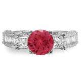 3.15 Carat (ctw) 14k White Gold Round Red Ruby & Princess White Diamond Ladies 3 Stone Engagement Bridal Ring