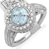 2.56 Carat (ctw) 14K White Gold Round Aquamarine & White Diamond Ladies Vintage Halo Style Engagement Bridal Ring