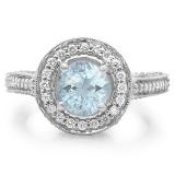 2.56 Carat (ctw) 14K White Gold Round Aquamarine & White Diamond Ladies Vintage Halo Style Engagement Bridal Ring