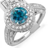2.56 Carat (ctw) 14K White Gold Round Blue & White Diamond Ladies Vintage Halo Style Engagement Bridal Ring