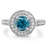 2.56 Carat (ctw) 14K White Gold Round Blue & White Diamond Ladies Vintage Halo Style Engagement Bridal Ring