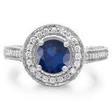 2.56 Carat (ctw) 18K White Gold Round Blue Sapphire & White Diamond Ladies Vintage Halo Style Engagement Bridal Ring