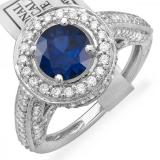 2.56 Carat (ctw) 14K White Gold Round Blue Sapphire & White Diamond Ladies Vintage Halo Style Engagement Bridal Ring