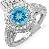 2.56 Carat (ctw) 14K White Gold Round Blue Topaz & White Diamond Ladies Vintage Halo Style Engagement Bridal Ring