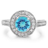 2.56 Carat (ctw) 14K White Gold Round Blue Topaz & White Diamond Ladies Vintage Halo Style Engagement Bridal Ring