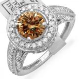 2.56 Carat (ctw) 14K White Gold Round Champagne & White Diamond Ladies Vintage Halo Style Engagement Bridal Ring