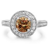2.56 Carat (ctw) 14K White Gold Round Champagne & White Diamond Ladies Vintage Halo Style Engagement Bridal Ring