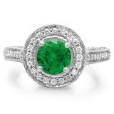 2.56 Carat (ctw) 10K White Gold Round Green Emerald & White Diamond Ladies Vintage Halo Style Engagement Bridal Ring